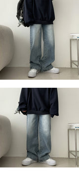Lone washing side banding denim wide pants