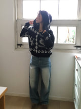 Beorose jacquard pattern hooded knit zip-up
