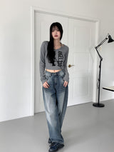 フックルビーズホルターストラッププリント長袖Tシャツ / hook beaded halter thong print long sleeve t-shirt