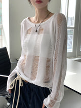 ジュープボートネックダメージサマー長袖ニット / Jupe boat neck damage summer long sleeve knit