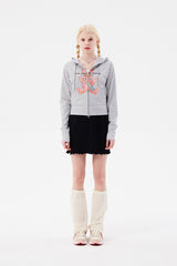(X) WITTY BUNNY SPLIT GRAPHIC CROP HOODIE ZIP UP [MELANGE GRAY]