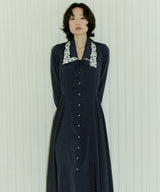 CHELSEA COLLAR FLARE DOT ONEPIECE - NAVY (6689411137654)