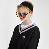 Logo embroidery v-neck Knit [Black] (6610306760822)