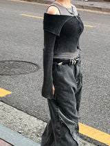 ユニークカッティングライングランジワイドデニムパンツ