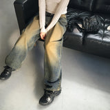 Kama yellow washed vintage long wide denim pants