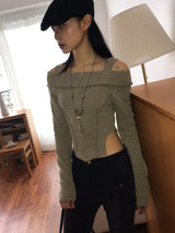 Tempt off-shoulder cut line ribbed crop zip-up