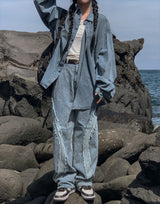 (UNISEX) ラインダメージ配色デニムパンツ