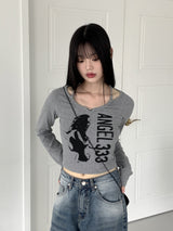 フックルビーズホルターストラッププリント長袖Tシャツ / hook beaded halter thong print long sleeve t-shirt