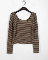 Gtel Vintage Striped Deep U-Neck Long Sleeve T-Shirt