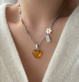 ハートフラワービーズヒップメイドネックレス / ely Yellow Orange Heart Flower Beads Hip Handmade Necklace