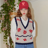Flower Pattern Merino Wool Knit Vest (Red) (6681247875190)