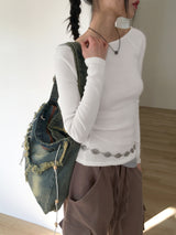 Tota Y2K Fringe Washed Denim Cross Bag