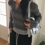 Nier angora fur color combination striped diagonal zipper slim long sleeve knit