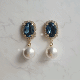 Elegant Oval Crystal and Pearl Piercing - Deep Blue