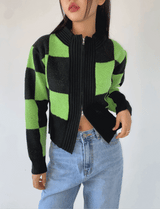 グリーンチェックニットジップアップ/green check knit zip-up