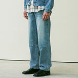 STRAIGHT DOUBLE KNEE WASHED DENIM PANTS BLUE