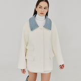 ヘリングボーンハイネックハーフコート / HERRINGBONE HIGH-NECK HALF COAT (IVORY)