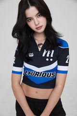 モトハーフジップアップジャージクロップトップ / MOTO HALF ZIP UP JERSEY CROP TOP BLACK