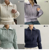 ビーズツイストパターンカラーハーフジップアップニットウェア / Bead Twisted Doughnut Patterned Collar Half Zip-up Knitwear