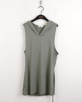 スクエアサイドストリングロングフードノースリーブシャツ / square side string long hooded sleeveless shirt