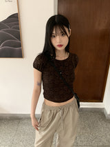 レイヤードシースルーレースパフ半袖Tシャツ/Poel layered see-through lace puff short sleeve T-shirt