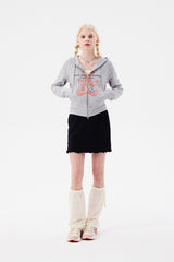 (X) WITTY BUNNY SPLIT GRAPHIC CROP HOODIE ZIP UP [MELANGE GRAY]