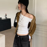 ベーモンショルダーカーブスナップボタン長袖カーディガンTシャツ