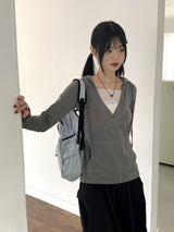RtiビンテージVネックレースフード長袖Tシャツ