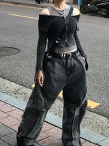 grunge washing off-shoulder crop two-way zip-up