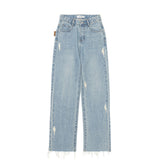 ストレートフィットバックポケットレザーパッチポイントブレットマークデストロイドデニムパンツ / STRAIGHT FIT BACK POCKET LEATHER PATCH POINT BULLET MARK DESTROYED DENIM PANTS [16624]