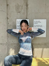 Denim see-through long sleeve top