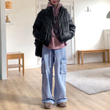 Turbin strap cargo pocket washing denim long wide pants
