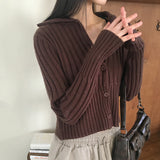 【MADE】ペストリブ衿ボタンニットクロップ長袖カーディガン