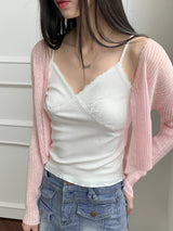 リーミングサマーシースルーワンボタンクロップ長袖カーディガン【6色】/[6 colors] Leoming summer see-through one-button cropped long-sleeved