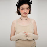 FUZZY KNIT LONG GLOVES, BEIGE