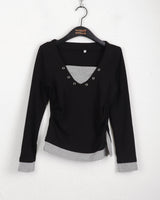 Jettyレイヤード配色Vネックトット長袖Tシャツ