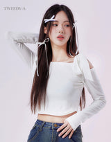 Jenna Shoulder ribbon strap long sleeve cropped top white