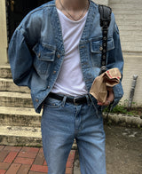 カラーレスデニムジャケット/Collarless denim jacket