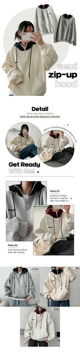 [Fleece] Eden Embroidered Color Coloring Half Zip-Up Hoodie