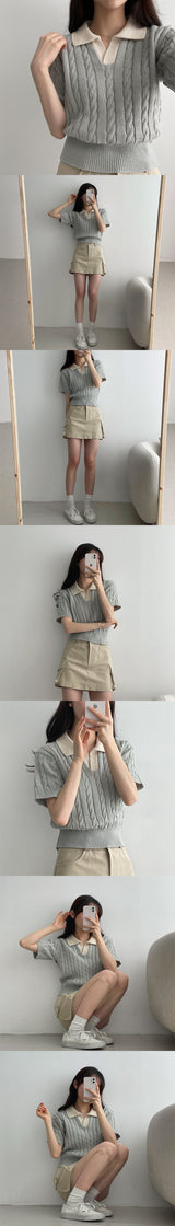 カラーリングカラーツイストクロップドショートスリーブニットウェア / colouring collar twist cropped short-sleeved knitwear