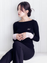 Boat Neck Two-Tone Long Sleeve Top (BLACKPINK)