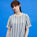 ストライプヘンリーネックハーフスリーブニット/Stripe henley neck half sleeve knit