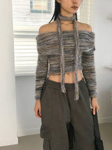 [Muffler set] Mikel Bokashi off-shoulder angora knit