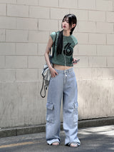 ビソップサマーフードファブリックワイドカーゴデニムパンツ / Bisopp Summer Hooded Fabric Wide Cargo Denim Pants