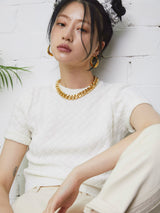 ウェービングパターン半袖ニット/WEAVING PATTERN SHORT SLEEVE KNIT TOP OFF WHITE (6586891403382)