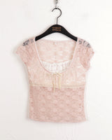 リワンピンクシースルーレースリボンスクエア半袖Tシャツ / Liwan Pink See-through Lace Ribbon Square Short Sleeve T-shirt