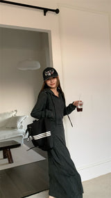 Charcoal hooded zip-up one-piece set