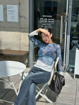 Denim see-through long sleeve top