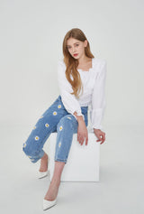 ストレートフィットフラワー刺繍デニムパンツ/IZ*ONE CHEWON, LOVELYZ KEI, ROCKET PUNCH YEONHEE WORN STRAIGHT FIT FLOWER EMBROIDERY DENIM PANTS [6663]