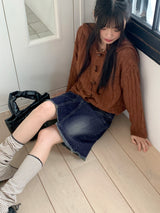 Bamit Vintage Washing Slit Midi Denim Skirt